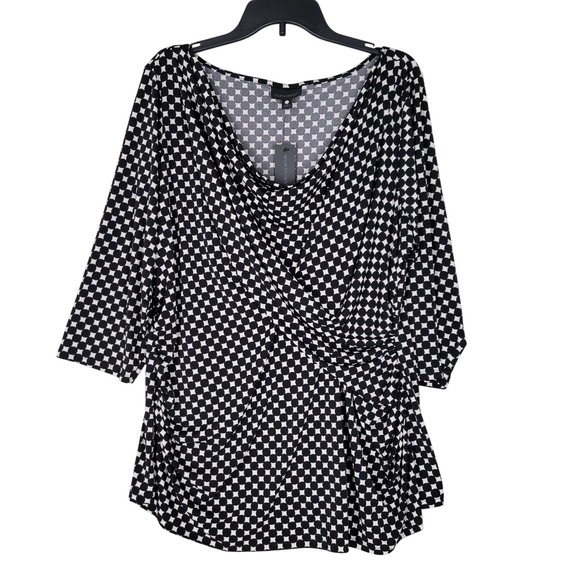 Worthington Tops - Worthington Blouse Womens 2X Black White Geometric Cowl Neck Ruched 3/4 Sleeve